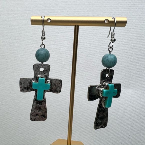 Turquoise Stone Cross earrings - Picture 1 of 4